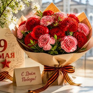 Букет на 9 мая — красные гвоздики и георгиевская лента, в Энгельсе