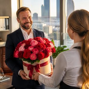 Доставка цветов в шляпной коробке с розами