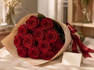 11 роз — букет красных Red Naomi в крафте с открыткой, доставка