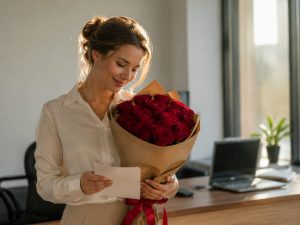 11 роз — жена с букетом красных роз в офисе на годовщину знакомства, открытка