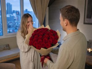 27 роз — мужчина дарит жене пышный букет из 27 роз красных Red Naomi в кремовой упаковке на годовщину в современной квартире