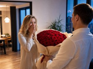 29 роз — мужчина дарит жене пышный букет из 29 роз красных Red Naomi в кремовой упаковке на годовщину в современной квартире