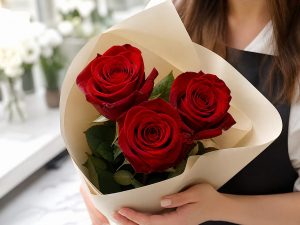 3 розы — мини-букет из 3 классических красных Red Naomi в кремовой матовой упаковке как романтический подарок