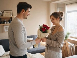 3 розы — мужчина дарит жене мини-букет из 3 красных Red Naomi в кремовом крафте в субботнее утро дома