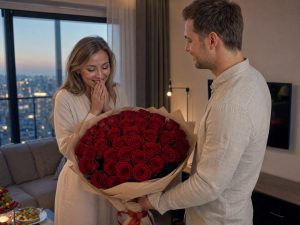 31 роза — мужчина дарит жене пышный букет из 31 розу красных Red Naomi в кремовой упаковке на годовщину в современной квартире
