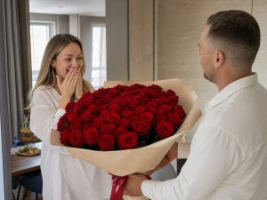 33 розы — мужчина дарит жене пышный букет из 33 розы красных Red Naomi в кремовой упаковке на годовщину в современной квартире