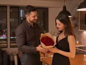 7 роз — мужчина дарит девушке компактный букет из 7 красных Red Naomi на годовщину знакомства 1 год