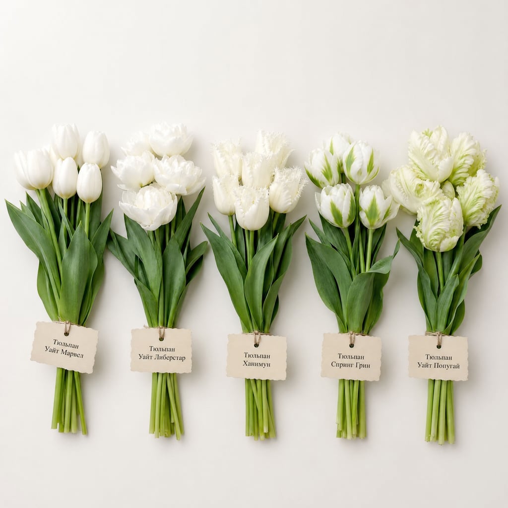 Белые тюльпаны — палитра 5 сортов: White Marvel, White Liberstar, Honeymoon, Spring Green, White Parrot