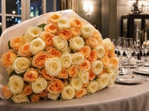 Большие букеты — большой пышный букет 51 пионовидной David Austin в кремово-персиковой палитре на праздничном столе серебряной свадьбы