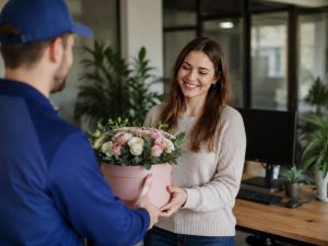 Девушка получает букет в коробке в офис