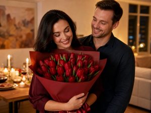 Красные тюльпаны — пара с букетом 25 Strong Red в красном крафте, романтический ужин дома, доставка
