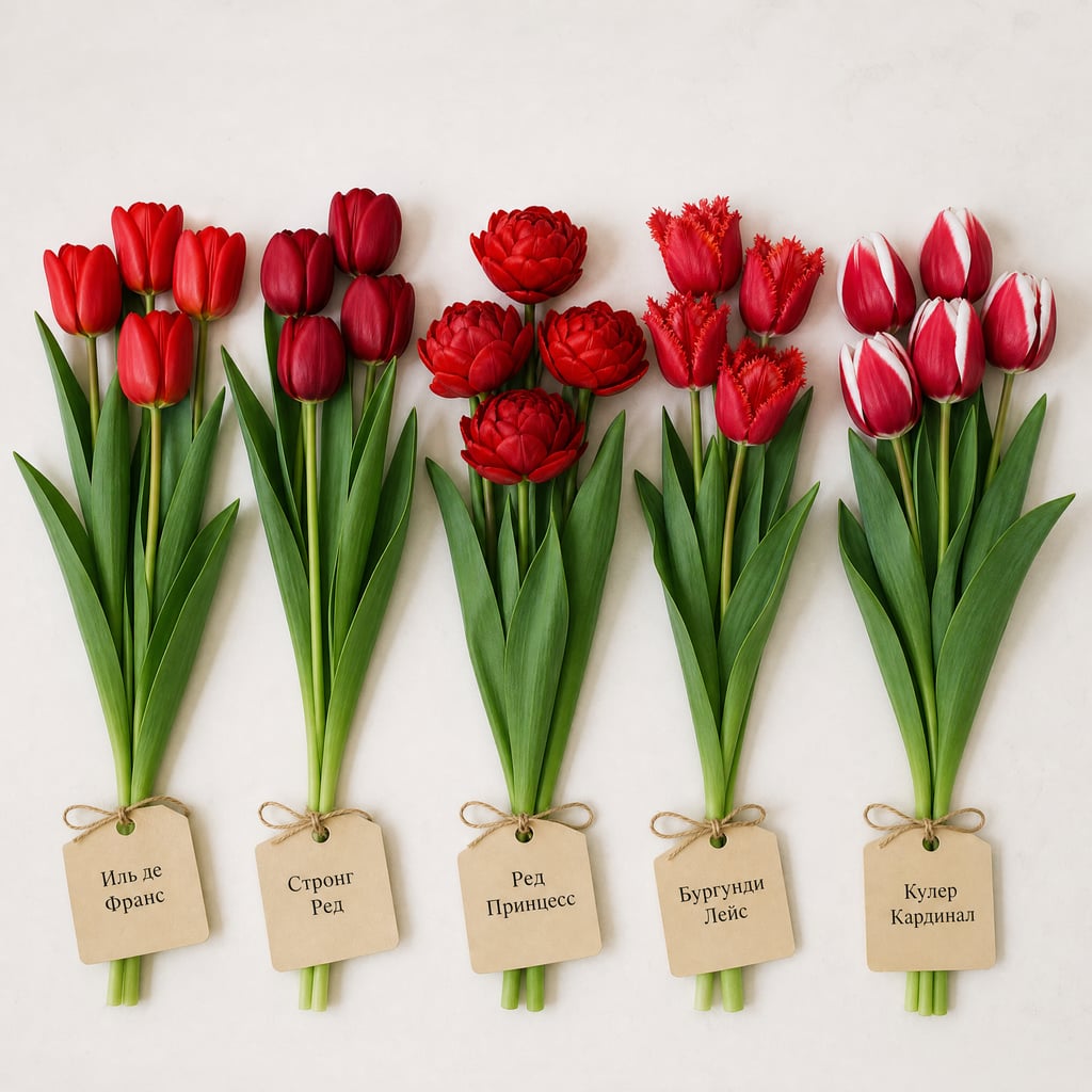 Красные тюльпаны — палитра 5 сортов: Ile de France, Strong Red, Red Princess, Burgundy Lace, Couleur Cardinal