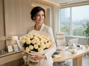 Кремовые розы — женщина-руководитель 45 лет с премиум-букетом 25 кремовых Vendela в корпоративном офисе