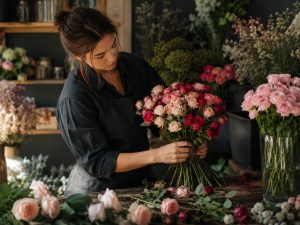 Кустовые розы поштучно — флорист собирает букет в студии, ручная сборка