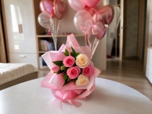 Мини розы — маленький букет 5 веток мини кустовых Spray Rose в розовом и кремовом дочке на день рождения 7 лет в детской комнате