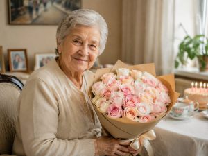 Розовые розы — букет пастельных Sweet Avalanche и Engagement маме на 70-летие, доставка