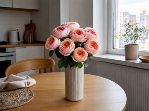 Розы 40 см — букет 9 роз Mayra David Austin 40 см в керамической вазе на кухонном столе квартиры-студии утром