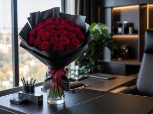 Розы 70 см — букет 25 бордовых роз 70 см в высокой вазе в офисе