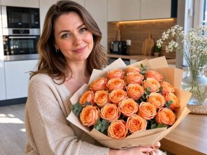Абрикосовые розы — женщина 35 лет с букетом 25 шт на кухне в светлой квартире