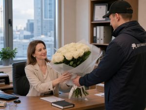 Голландские розы — деловая женщина получает букет 25 шт от курьера в офисе