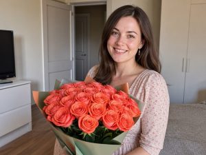 Коралловые розы — женщина 32 года с букетом 25 шт на летний день рождения