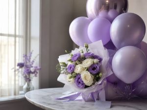 Фиолетовые шары — композиция фиолетовых шаров с букетом эустомы, кейс