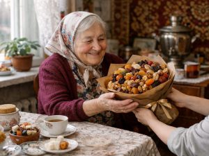 букеты из сухофруктов — момент вручения получателю, документальное фото