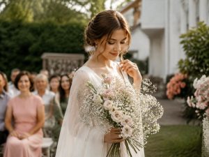 Свадебный букет невесты из гипсофилы и эустомы — воздушный асимметричный букет на выездной регистрации