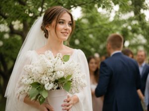 Свадебный букет невесты из сирени — невеста с букетом из белой сирени на весенней церемонии
