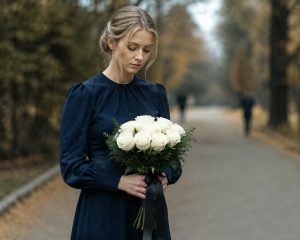 Цветы на похороны — Внучка с траурным букетом из 12 белых роз на кладбище